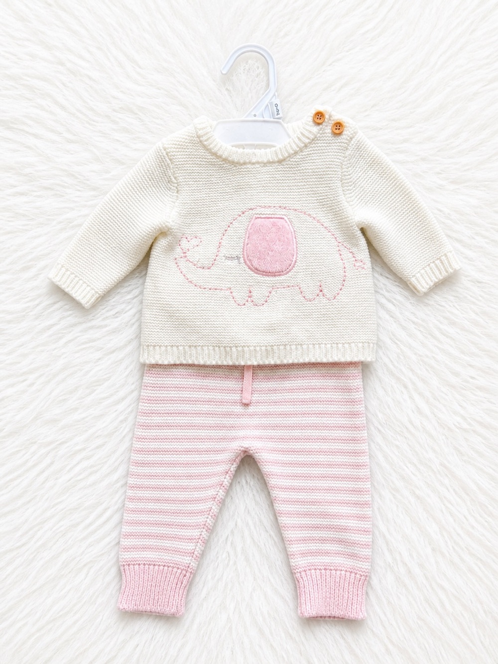 Rene Rofi Baby Knit Outfit Set Elephant Sweater Pink Pants 0-3M